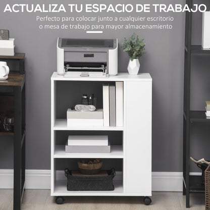Printer Stand Office Side Cabinet with Wheels with 3 Side Shelves and 2 Brakes Load 30 kg for Bedroom Kitchen Living Room 60x40x75.8 cm White