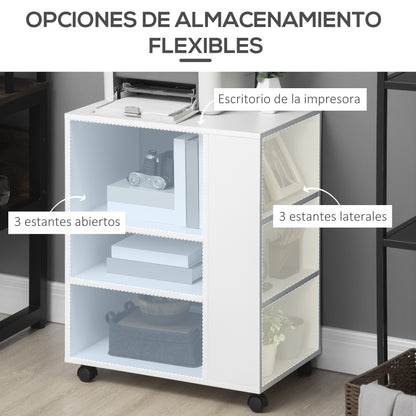 Printer Stand Office Side Cabinet with Wheels with 3 Side Shelves and 2 Brakes Load 30 kg for Bedroom Kitchen Living Room 60x40x75.8 cm White