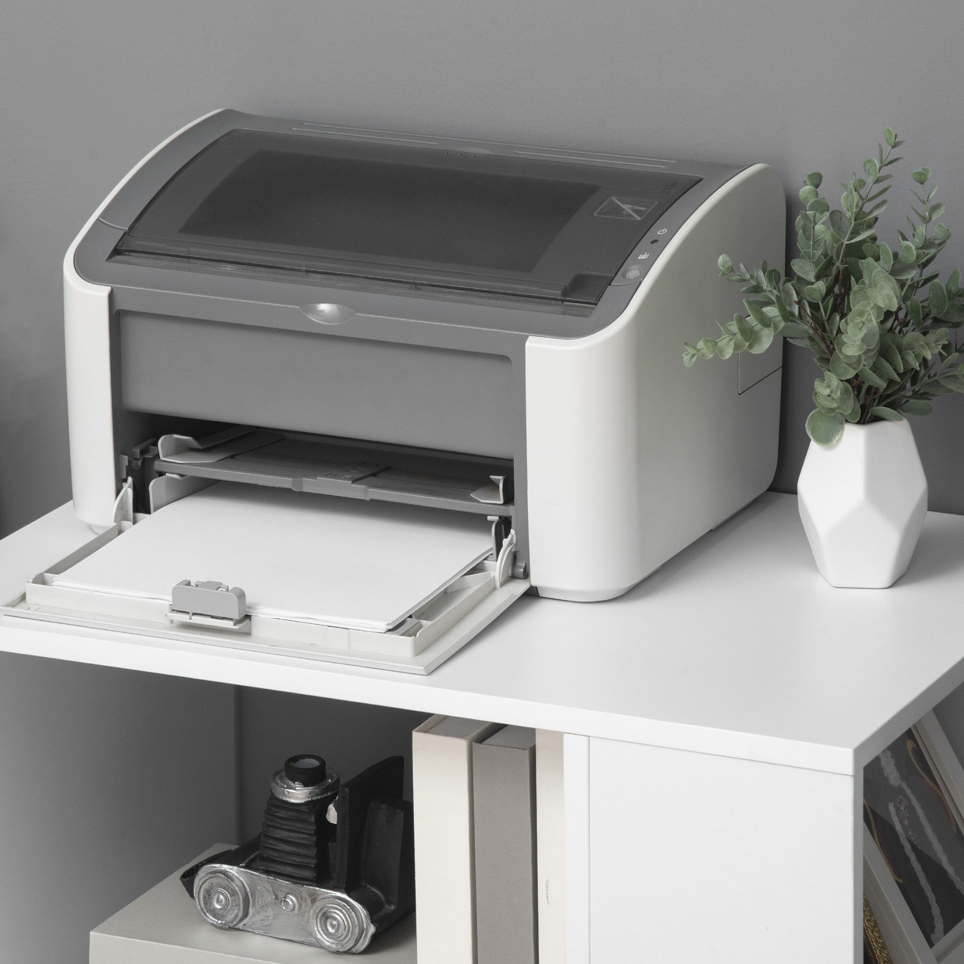 Printer Stand Office Side Cabinet with Wheels with 3 Side Shelves and 2 Brakes Load 30 kg for Bedroom Kitchen Living Room 60x40x75.8 cm White