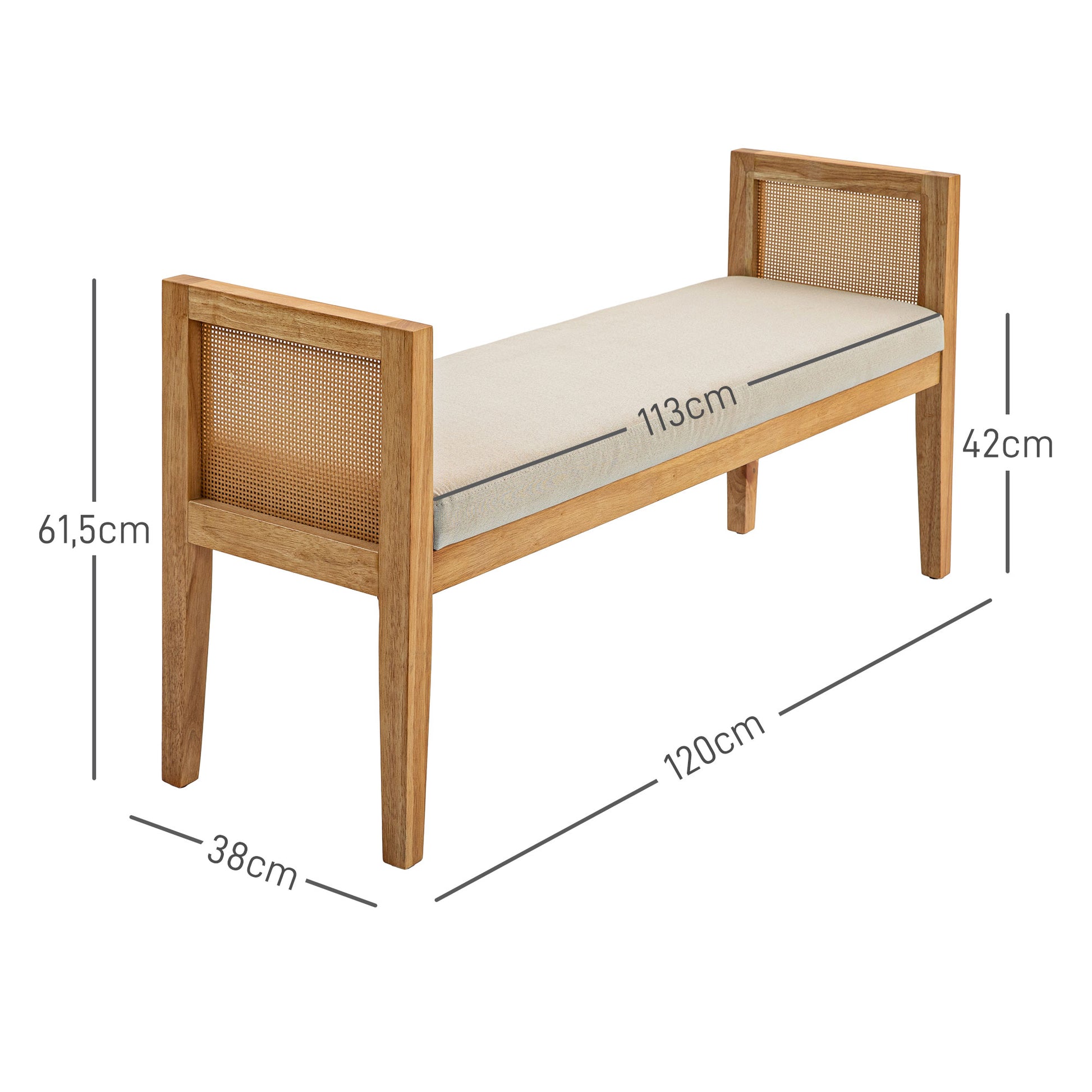End of Bed Bench, Entryway Bench, Rattan Armrests and Solid Wood Frame, Linen-Effect Upholstered Seat, End of Bed for Bedroom, Living Room, Modern Design, Cream