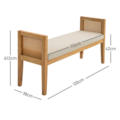 End of Bed Bench, Entryway Bench, Rattan Armrests and Solid Wood Frame, Linen-Effect Upholstered Seat, End of Bed for Bedroom, Living Room, Modern Design, Cream