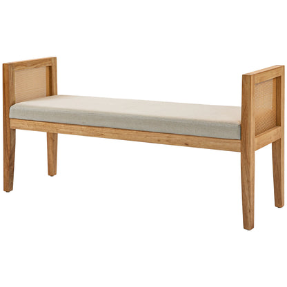 End of Bed Bench, Entryway Bench, Rattan Armrests and Solid Wood Frame, Linen-Effect Upholstered Seat, End of Bed for Bedroom, Living Room, Modern Design, Cream
