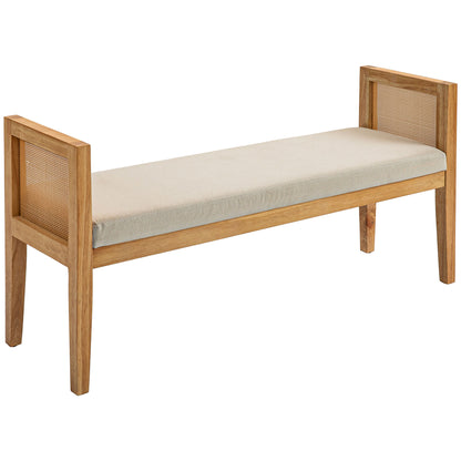End of Bed Bench, Entryway Bench, Rattan Armrests and Solid Wood Frame, Linen-Effect Upholstered Seat, End of Bed for Bedroom, Living Room, Modern Design, Cream