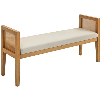 End of Bed Bench, Entryway Bench, Rattan Armrests and Solid Wood Frame, Linen-Effect Upholstered Seat, End of Bed for Bedroom, Living Room, Modern Design, Cream