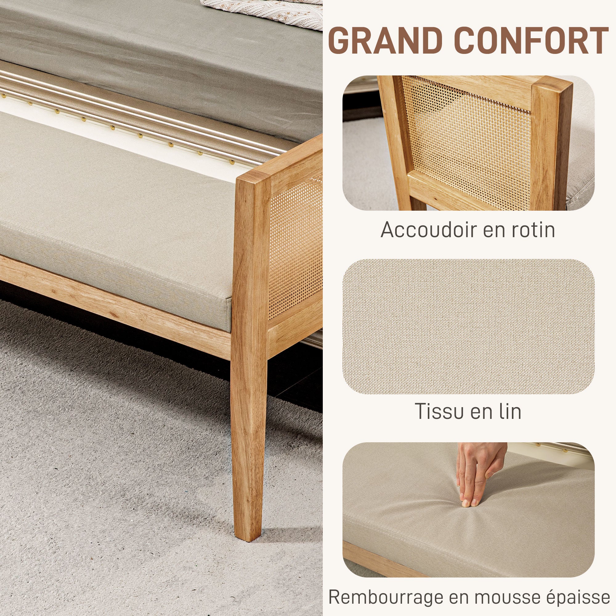 End of Bed Bench, Entryway Bench, Rattan Armrests and Solid Wood Frame, Linen-Effect Upholstered Seat, End of Bed for Bedroom, Living Room, Modern Design, Cream