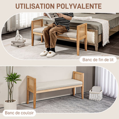 End of Bed Bench, Entryway Bench, Rattan Armrests and Solid Wood Frame, Linen-Effect Upholstered Seat, End of Bed for Bedroom, Living Room, Modern Design, Cream