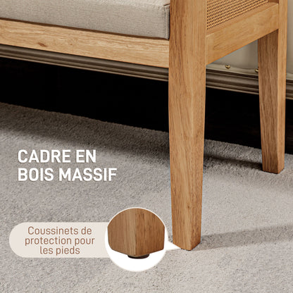 End of Bed Bench, Entryway Bench, Rattan Armrests and Solid Wood Frame, Linen-Effect Upholstered Seat, End of Bed for Bedroom, Living Room, Modern Design, Cream