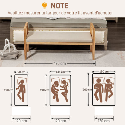 End of Bed Bench, Entryway Bench, Rattan Armrests and Solid Wood Frame, Linen-Effect Upholstered Seat, End of Bed for Bedroom, Living Room, Modern Design, Cream