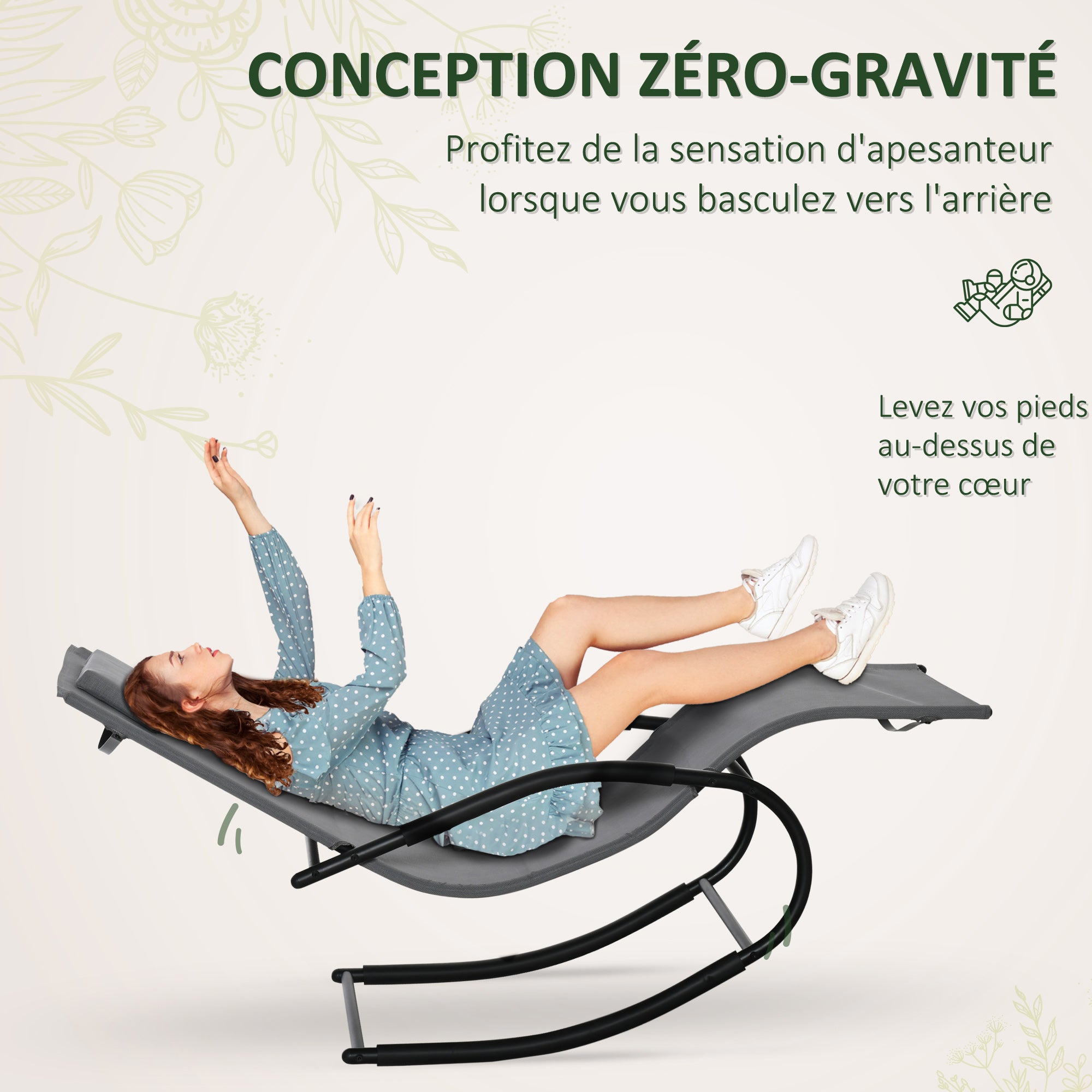 Ergonomic Rocking Chair Lounger with Galvanized Metal Frame Textilene Headrest Armrests 63W x 160D x 88H cm Gray