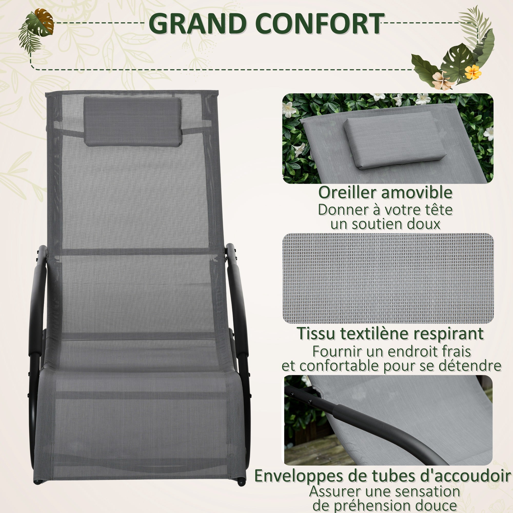 Ergonomic Rocking Chair Lounger with Galvanized Metal Frame Textilene Headrest Armrests 63W x 160D x 88H cm Gray
