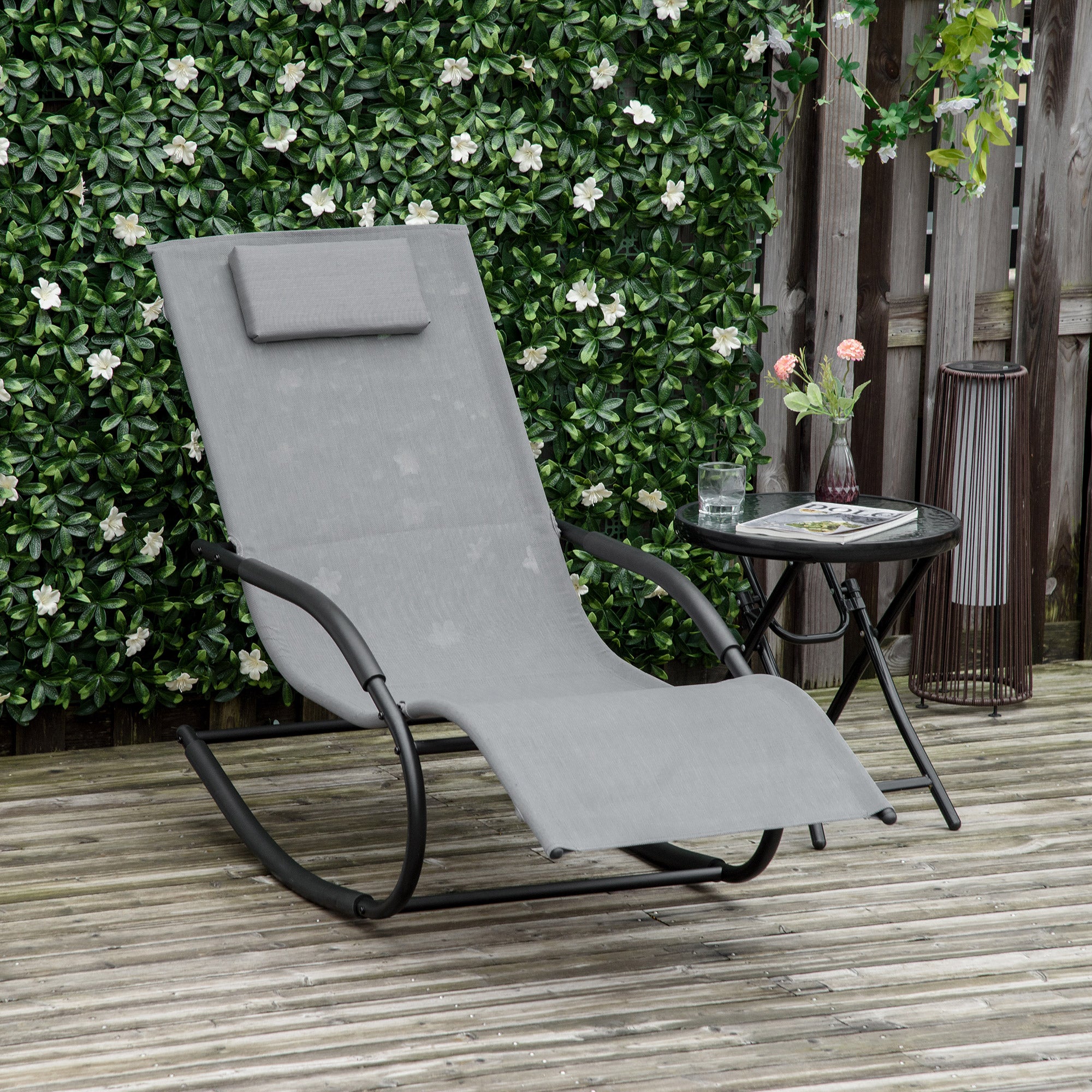 Ergonomic Rocking Chair Lounger with Galvanized Metal Frame Textilene Headrest Armrests 63W x 160D x 88H cm Gray