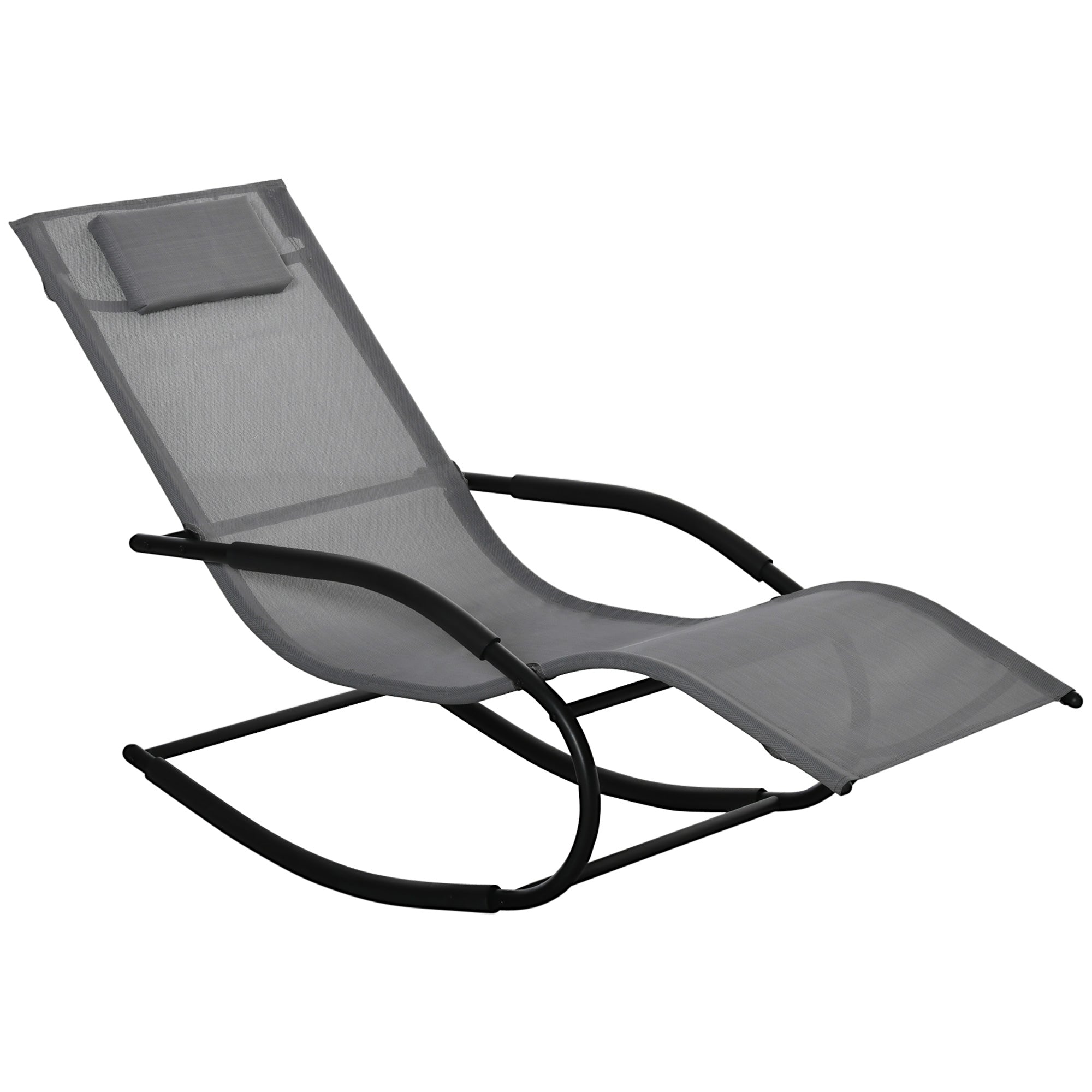 Ergonomic Rocking Chair Lounger with Galvanized Metal Frame Textilene Headrest Armrests 63W x 160D x 88H cm Gray