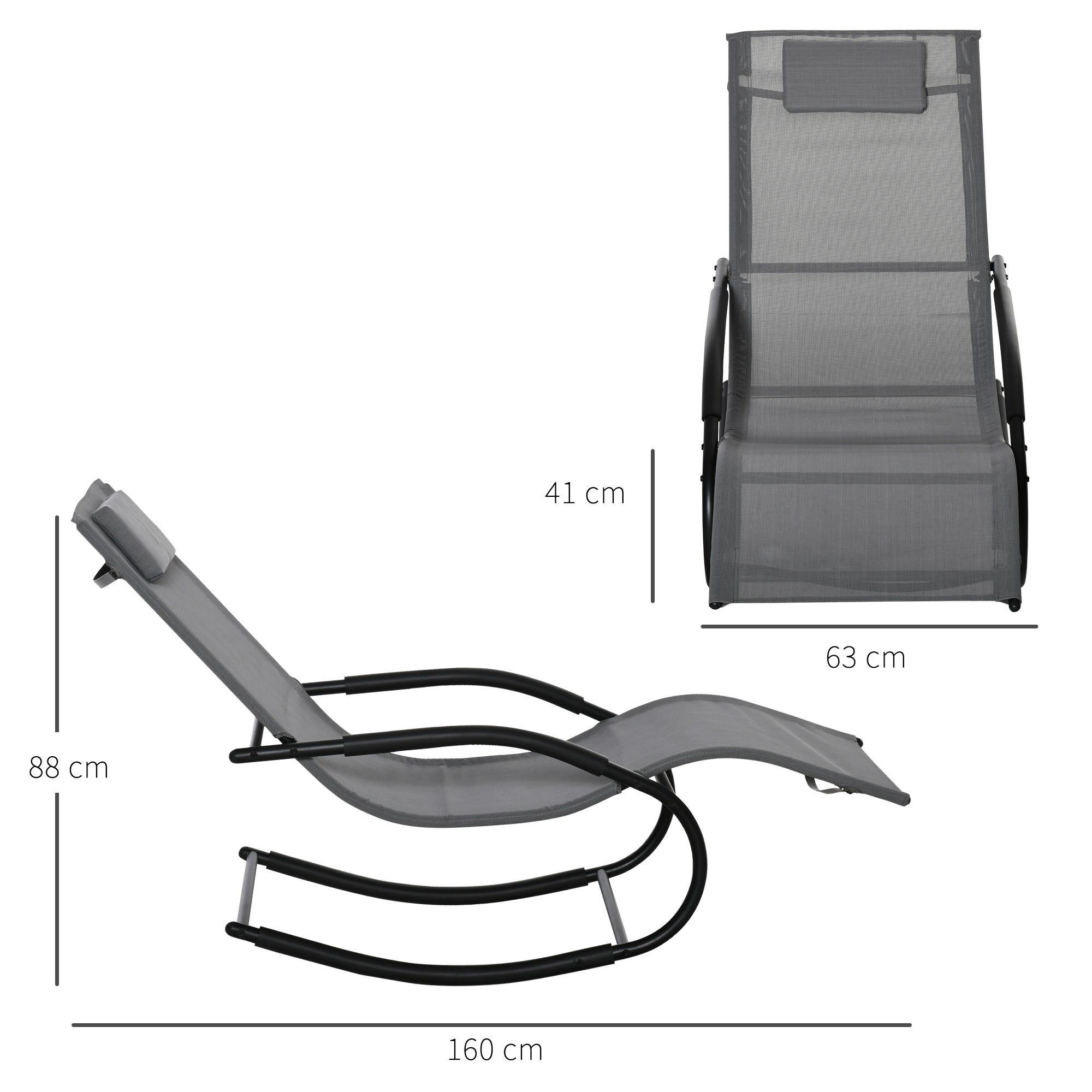 Ergonomic Rocking Chair Lounger with Galvanized Metal Frame Textilene Headrest Armrests 63W x 160D x 88H cm Gray