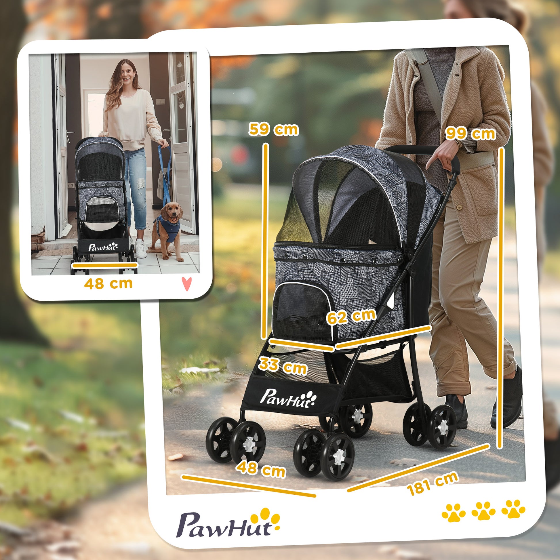 Dog Stroller, Foldable Dog Buggy, Dog Trolley with Cushion, Cat Buggy, Cat Cart with 4 Wheels, Mesh Window, Storage Space for Small Dogs, Cats, 600D Oxford, Black