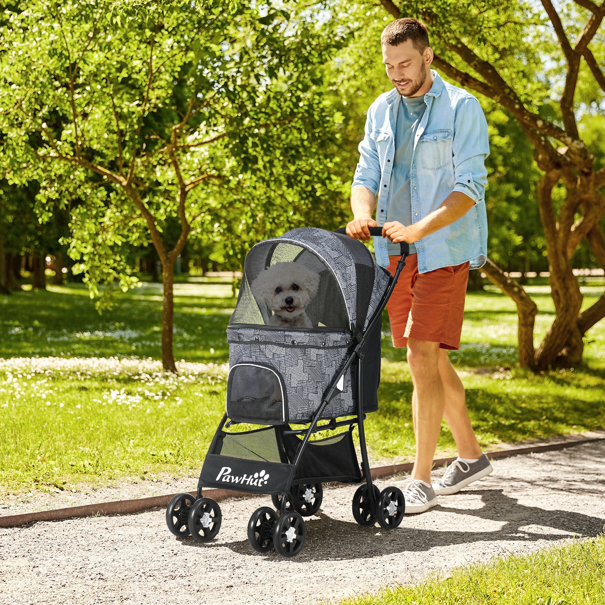 Dog Stroller, Foldable Dog Buggy, Dog Trolley with Cushion, Cat Buggy, Cat Cart with 4 Wheels, Mesh Window, Storage Space for Small Dogs, Cats, 600D Oxford, Black