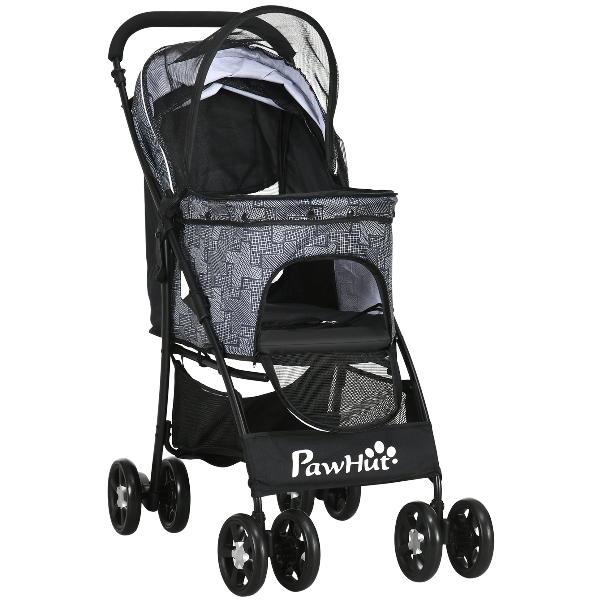 Dog Stroller, Foldable Dog Buggy, Dog Trolley with Cushion, Cat Buggy, Cat Cart with 4 Wheels, Mesh Window, Storage Space for Small Dogs, Cats, 600D Oxford, Black