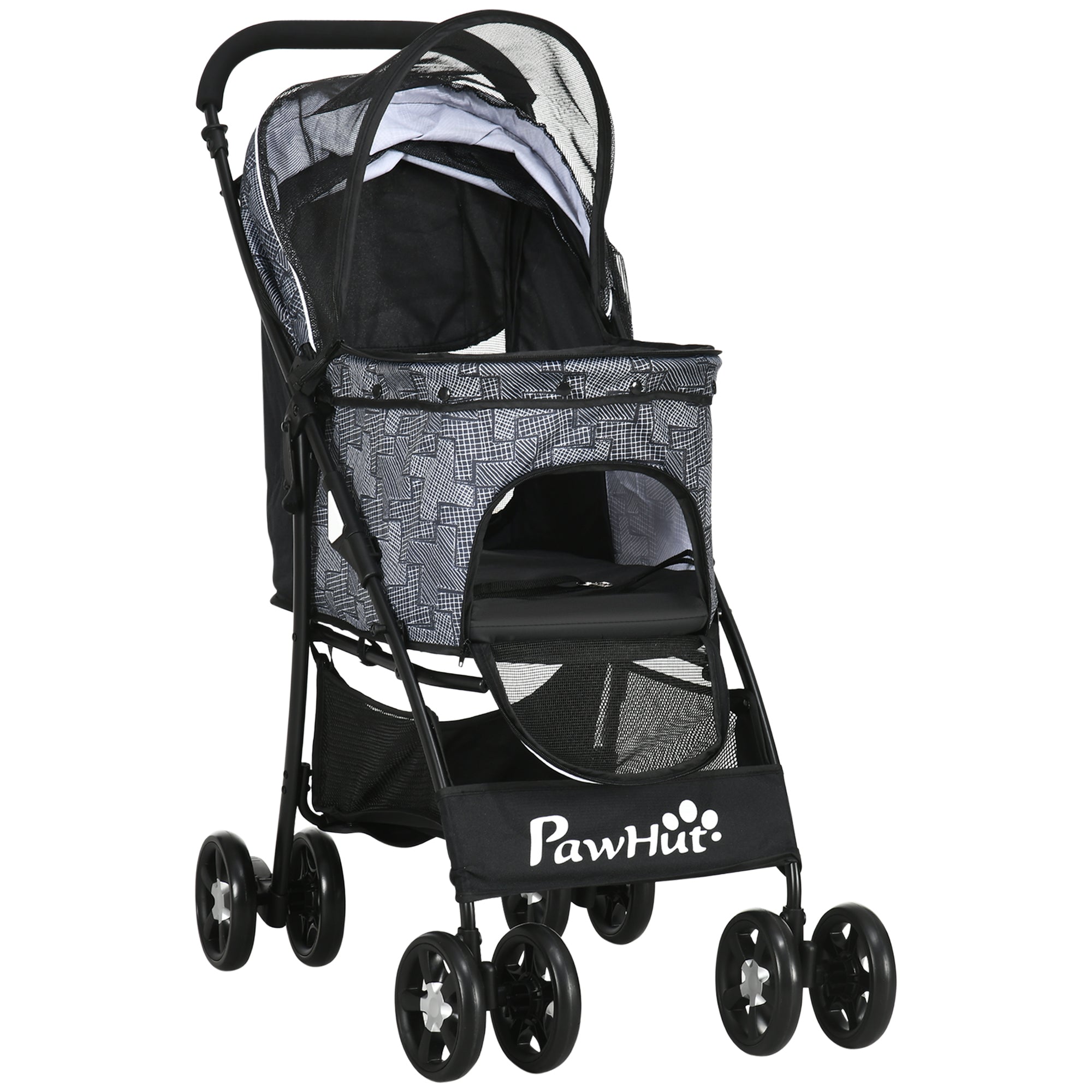 Dog Stroller, Foldable Dog Buggy, Dog Trolley with Cushion, Cat Buggy, Cat Cart with 4 Wheels, Mesh Window, Storage Space for Small Dogs, Cats, 600D Oxford, Black