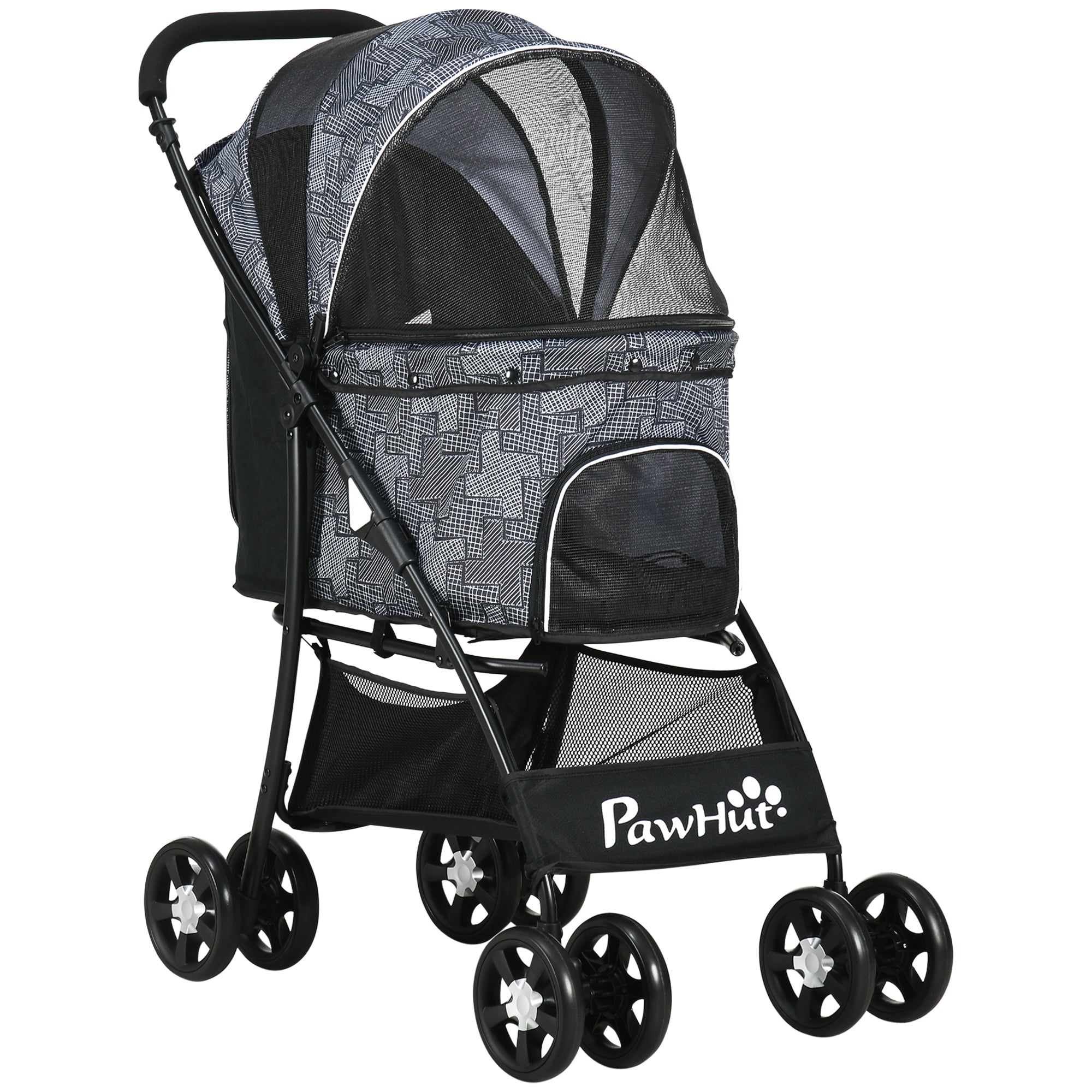 Dog Stroller, Foldable Dog Buggy, Dog Trolley with Cushion, Cat Buggy, Cat Cart with 4 Wheels, Mesh Window, Storage Space for Small Dogs, Cats, 600D Oxford, Black