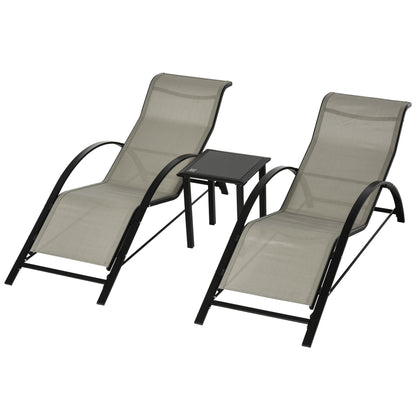 Set of 2 Contemporary Design Sun Loungers Glass Top Coffee Table Epoxy Metal Gray Textilene