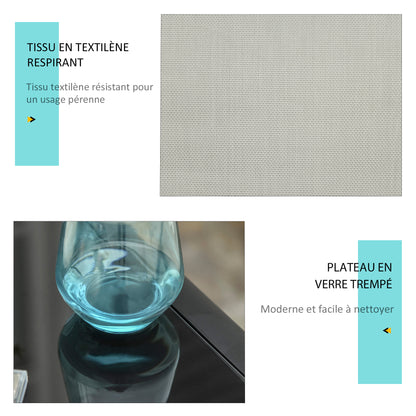 Set of 2 Contemporary Design Sun Loungers Glass Top Coffee Table Epoxy Metal Gray Textilene