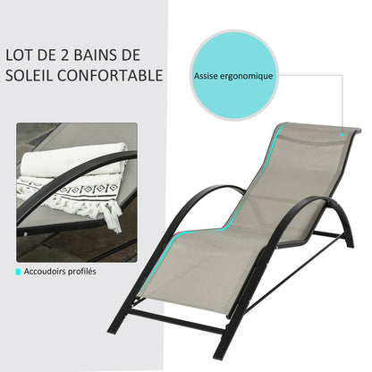 Set of 2 Contemporary Design Sun Loungers Glass Top Coffee Table Epoxy Metal Gray Textilene