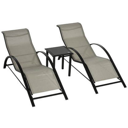 Set of 2 Contemporary Design Sun Loungers Glass Top Coffee Table Epoxy Metal Gray Textilene
