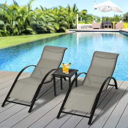 Set of 2 Contemporary Design Sun Loungers Glass Top Coffee Table Epoxy Metal Gray Textilene