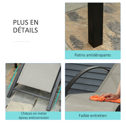 Set of 2 Contemporary Design Sun Loungers Glass Top Coffee Table Epoxy Metal Gray Textilene