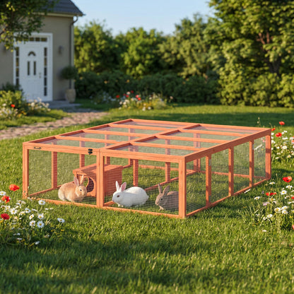Wooden Rabbit Hutch & Run with Shelter, 71 x 59 x 19 in, 2 Doors — Orange