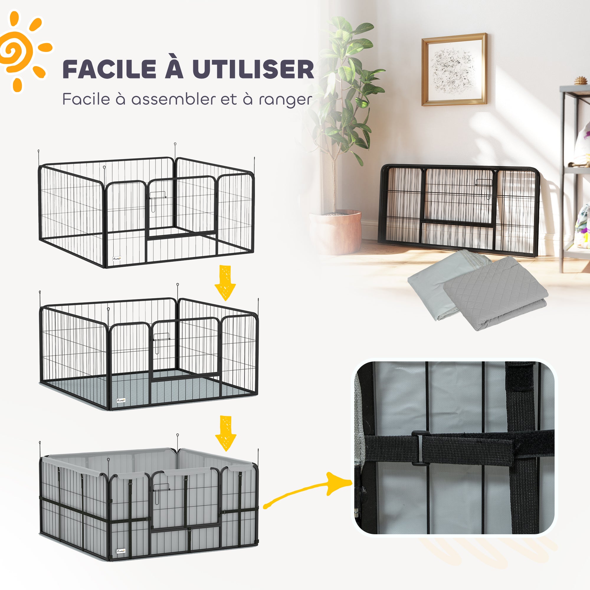 Dog Whelping Pen, Dog Whelping Box with Lockable Door, Oxford 600D Fabric, Washable Pad, Dog Enclosure, Steel, 122 x 122 x 60 cm, Black
