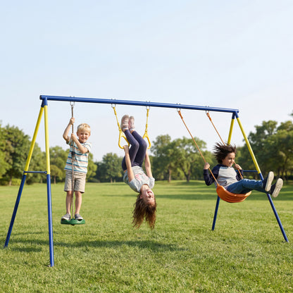 3-in-1 Kids Garden Swing Set with Standing Swing & Gym Rings, A-Frame Steel, Double Swings, 331 lb Capacity, Outdoor, Ages 3-8, 112.2 x 63 x 71.3 in