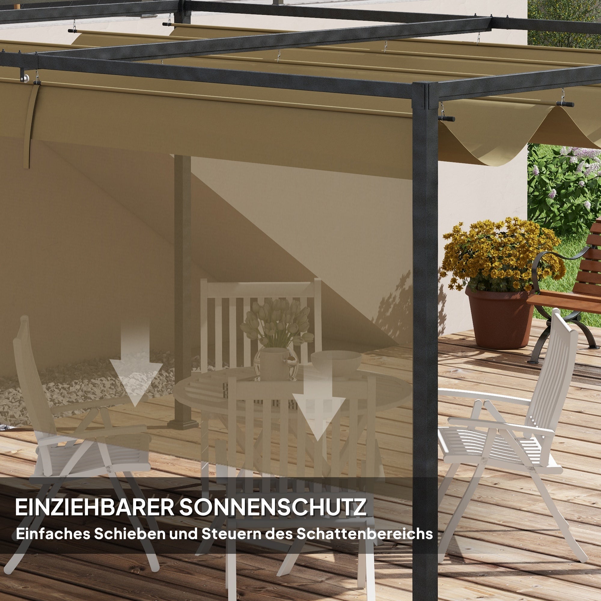 Pergola 4x3m Garden Pavilion, Steel Terrace Canopy, Garden Pavilion with Adjustable Roof, Freestanding, Sun Protection for Terrace and Garden, Khaki