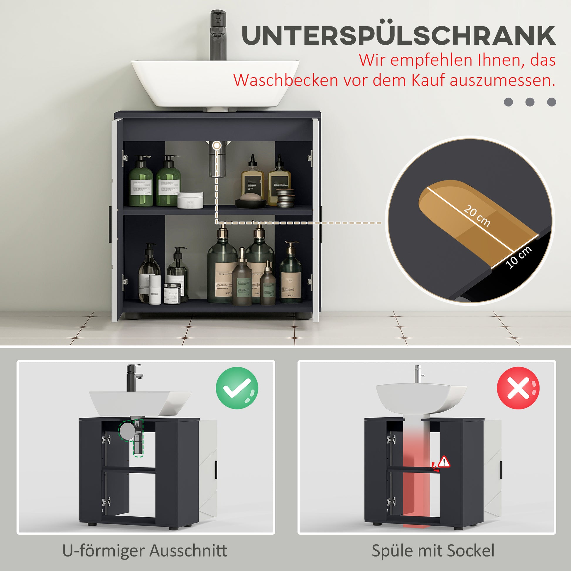 Under Sink Cabinet with Adjustable Shelf, Vanity Cabinet with Handle, Bathroom Cabinet with Tip-Over Protection, Gray, 60 x 30 x 60 cm