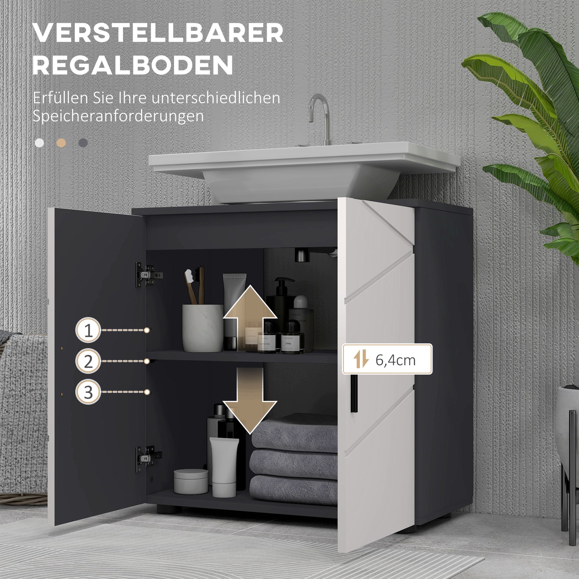 Under Sink Cabinet with Adjustable Shelf, Vanity Cabinet with Handle, Bathroom Cabinet with Tip-Over Protection, Gray, 60 x 30 x 60 cm