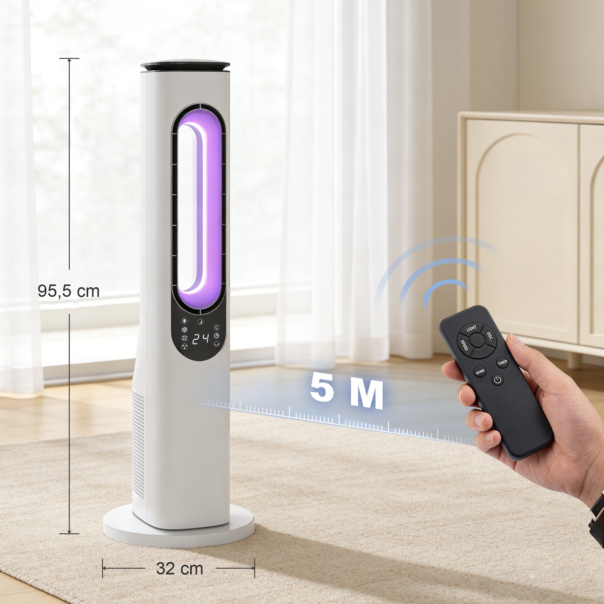 Bladeless Tower Fan — Ultra-Quiet 35 dB, Remote Control, LED Display, 3 Speeds & Modes, 15H Timer, 50° Oscillation — White