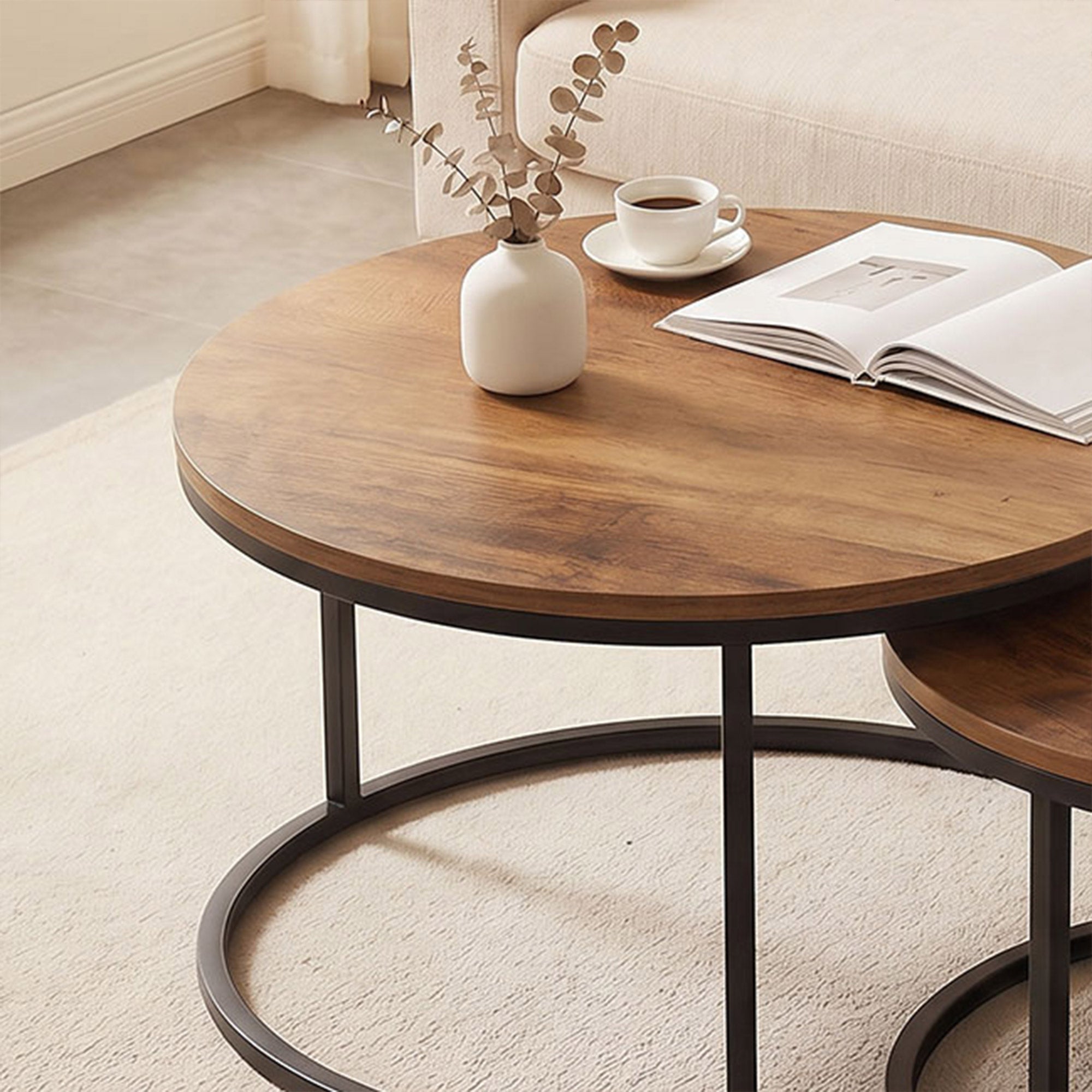 2-Piece Round Nesting Coffee Tables — Industrial Metal Frame, Brown Wood-Effect Tops (Large 23.6×23.6×17.7 in / Small 17.7×17.7×15.9 in)