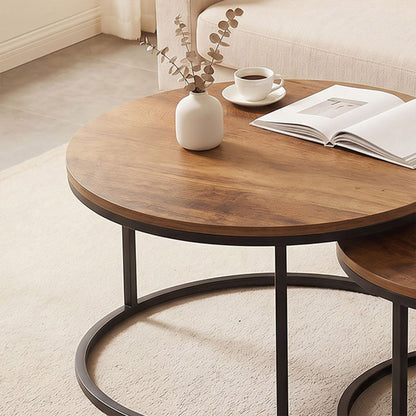 2-Piece Round Nesting Coffee Tables — Industrial Metal Frame, Brown Wood-Effect Tops (Large 23.6×23.6×17.7 in / Small 17.7×17.7×15.9 in)