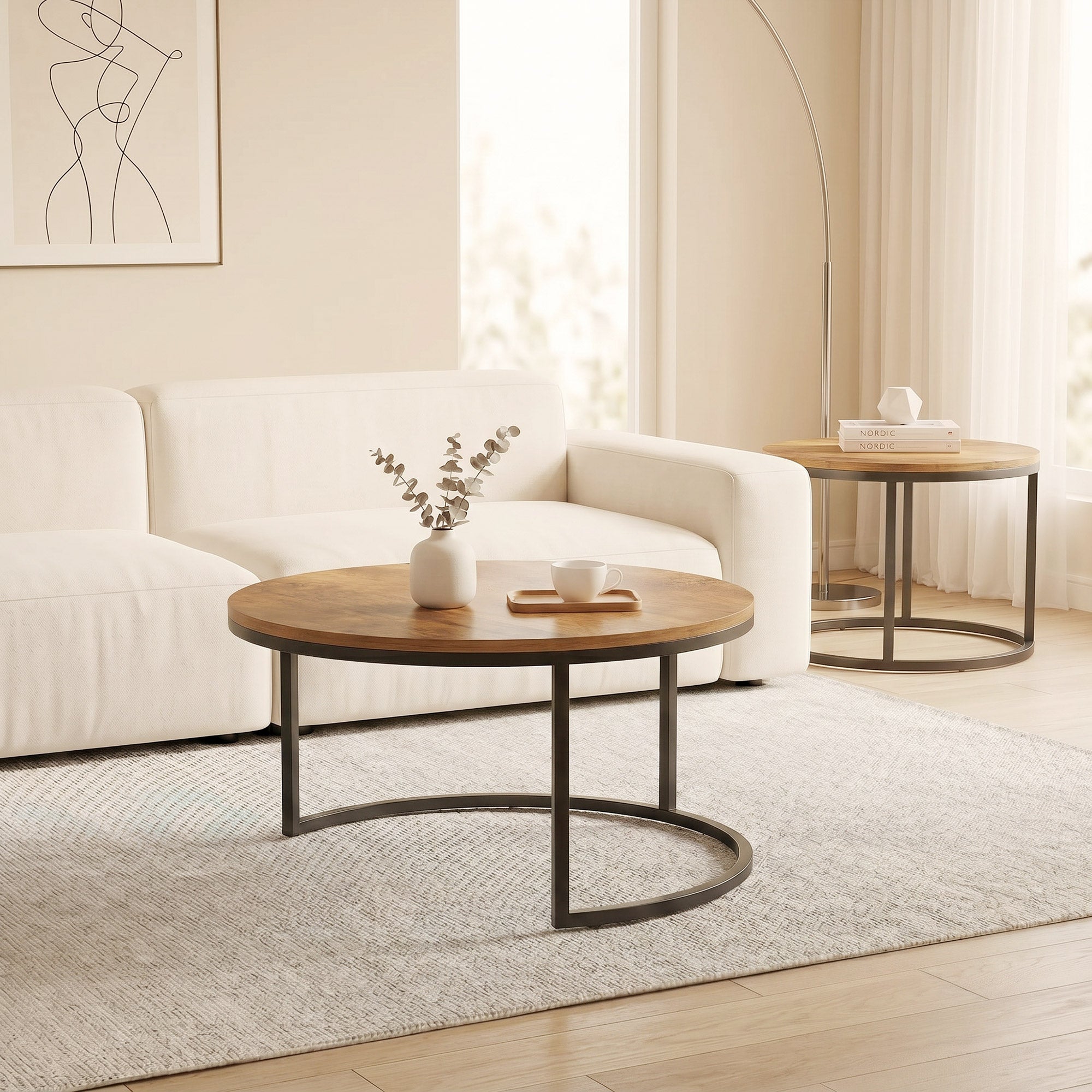 2-Piece Round Nesting Coffee Tables — Industrial Metal Frame, Brown Wood-Effect Tops (Large 23.6×23.6×17.7 in / Small 17.7×17.7×15.9 in)