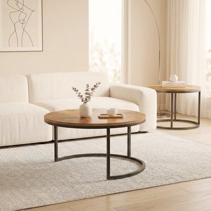2-Piece Round Nesting Coffee Tables — Industrial Metal Frame, Brown Wood-Effect Tops (Large 23.6×23.6×17.7 in / Small 17.7×17.7×15.9 in)