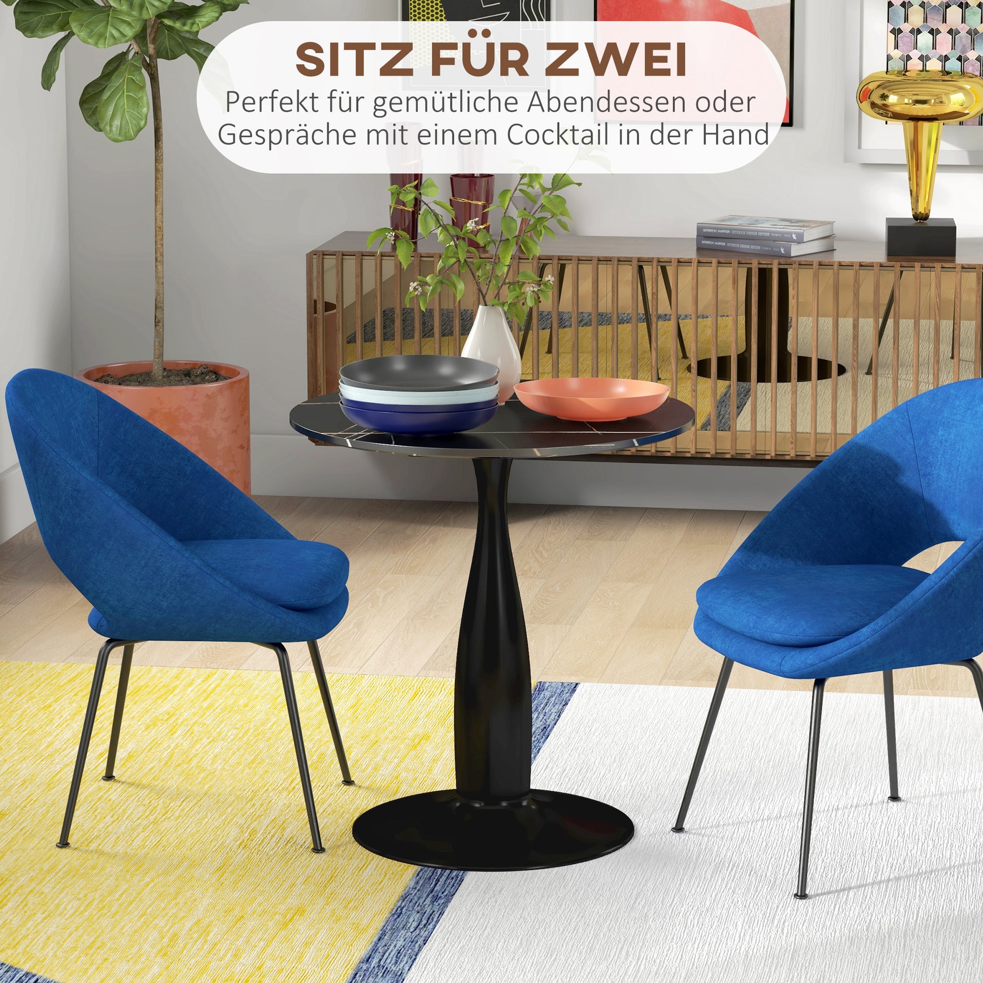 Dining Table, Round Kitchen Table, Modern Dining Table Coffee Table with Steel Frame, Bar Table for 2 Persons, Ø70 x 74 cm, Black