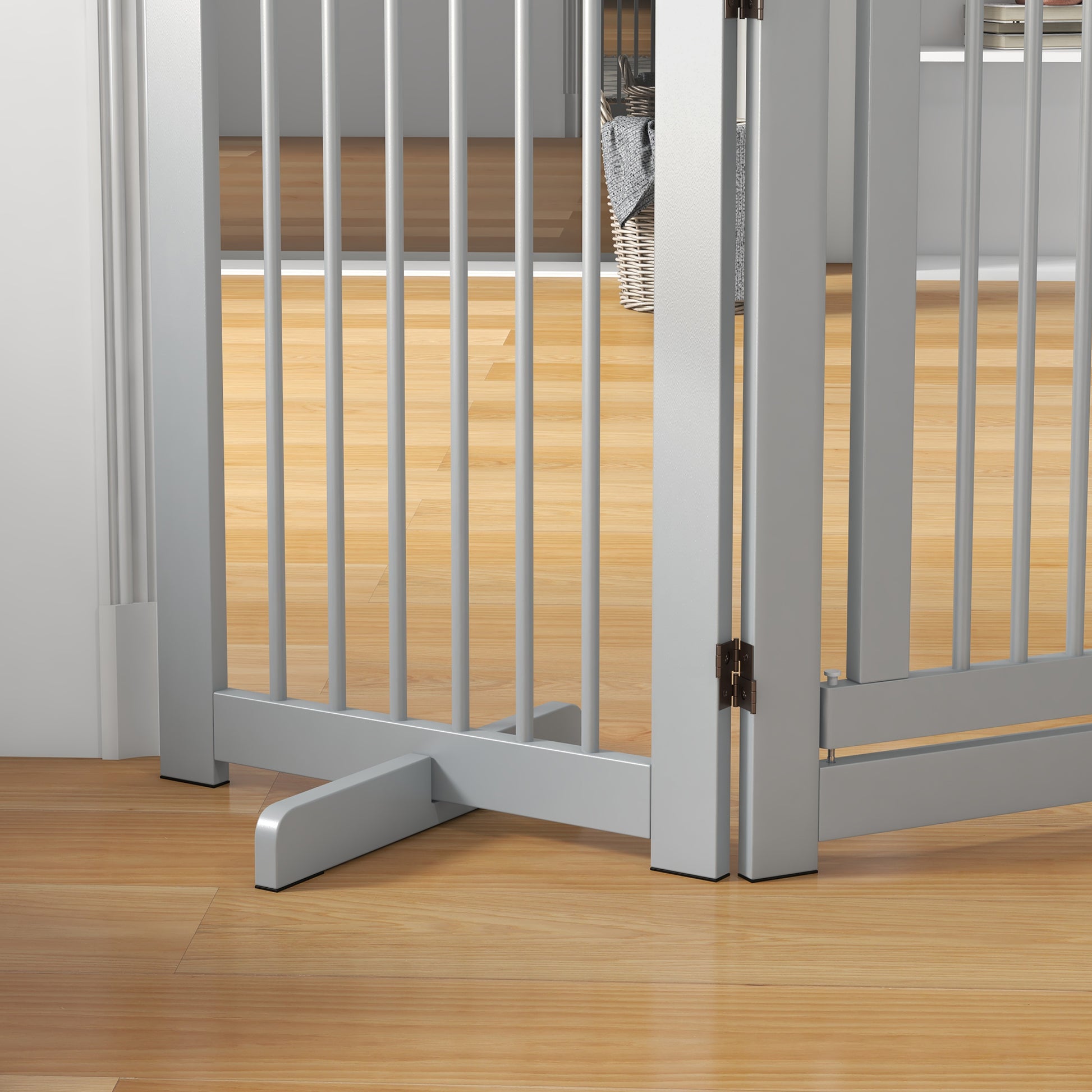 Freestanding Dog Safety Gate with Feet 204 x 75 cm Wood Dog Gate Stair Gate Door Gate for Stairs, Doors, Kitchen, Hallway, 4 Panels, Light Gray