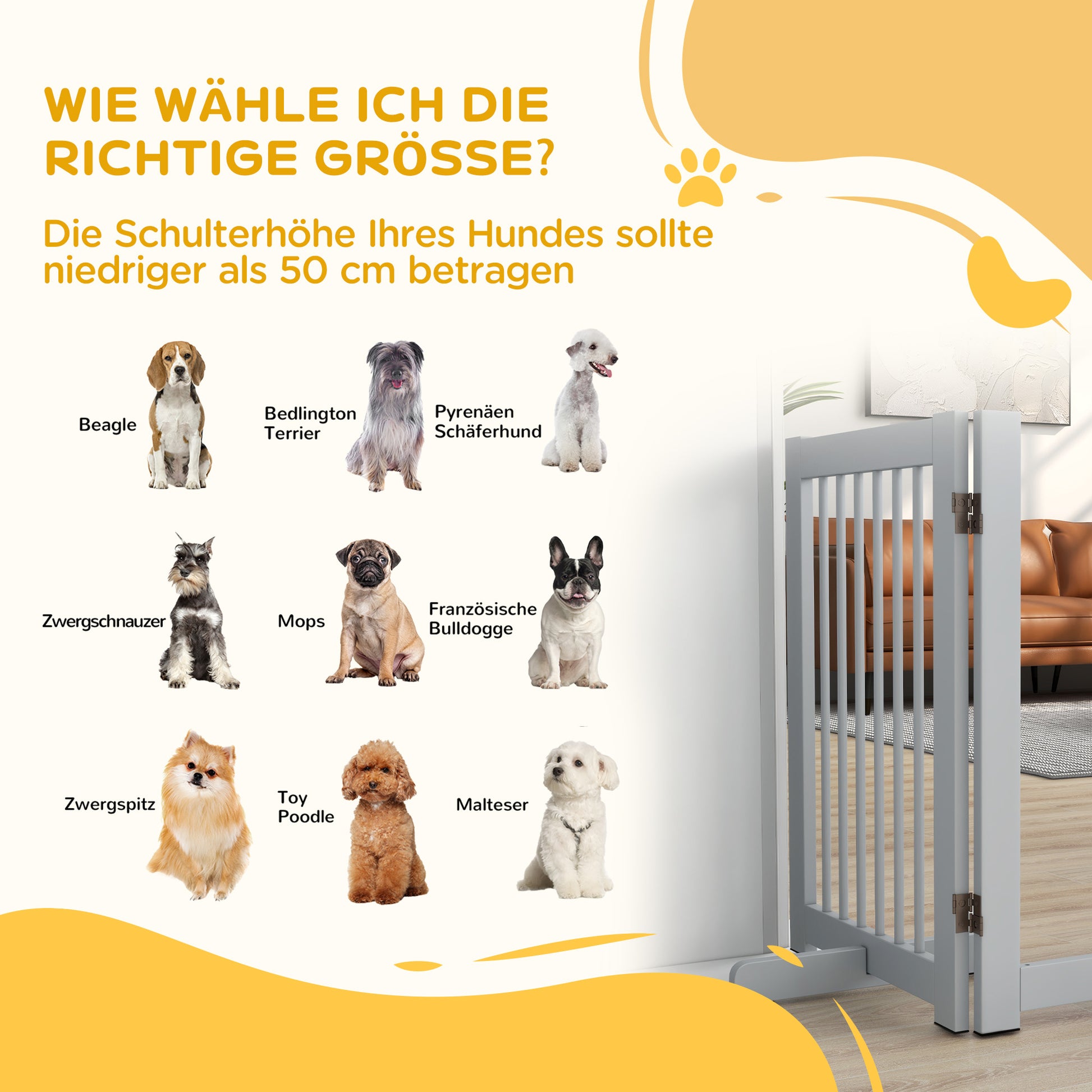 Freestanding Dog Safety Gate with Feet 204 x 75 cm Wood Dog Gate Stair Gate Door Gate for Stairs, Doors, Kitchen, Hallway, 4 Panels, Light Gray