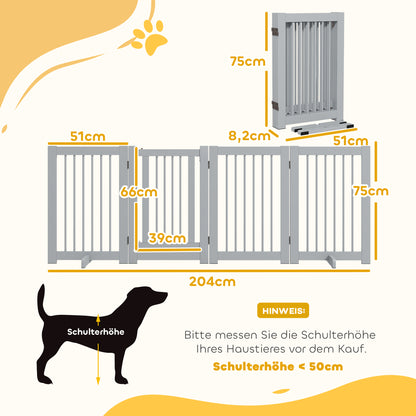 Freestanding Dog Safety Gate with Feet 204 x 75 cm Wood Dog Gate Stair Gate Door Gate for Stairs, Doors, Kitchen, Hallway, 4 Panels, Light Gray