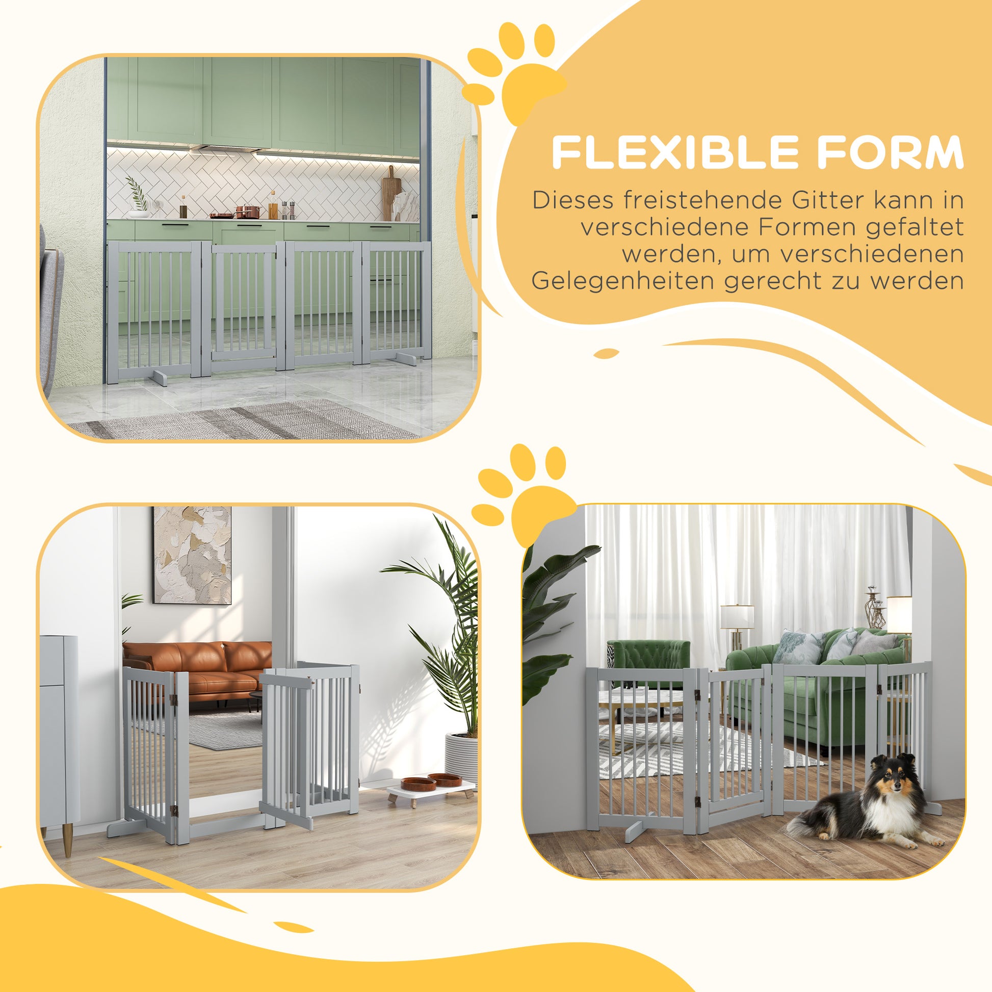 Freestanding Dog Safety Gate with Feet 204 x 75 cm Wood Dog Gate Stair Gate Door Gate for Stairs, Doors, Kitchen, Hallway, 4 Panels, Light Gray