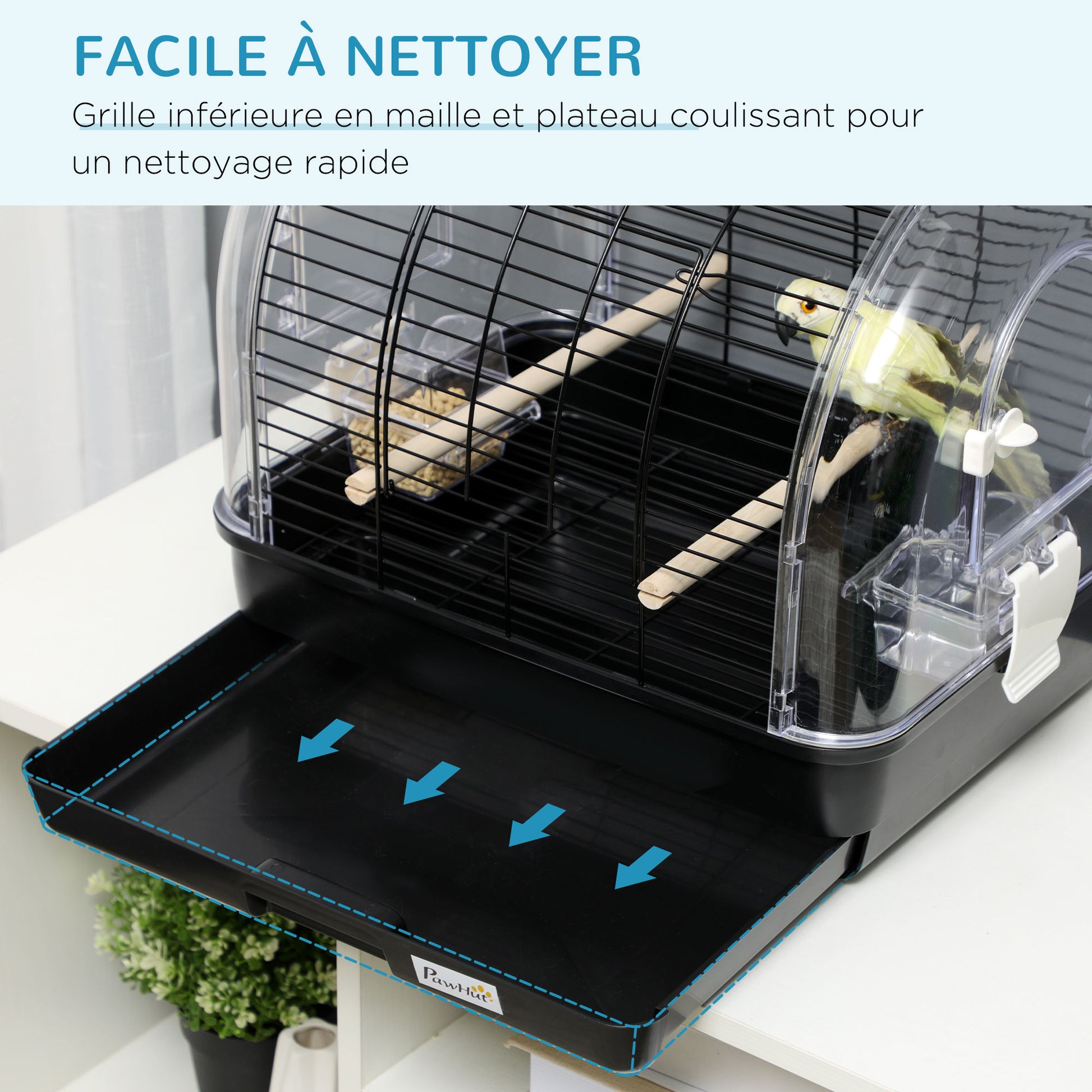 Steel Wire Bird Cage with Perches, Removable Tray, and Handle, 42 x 32 x 37 cm, Black