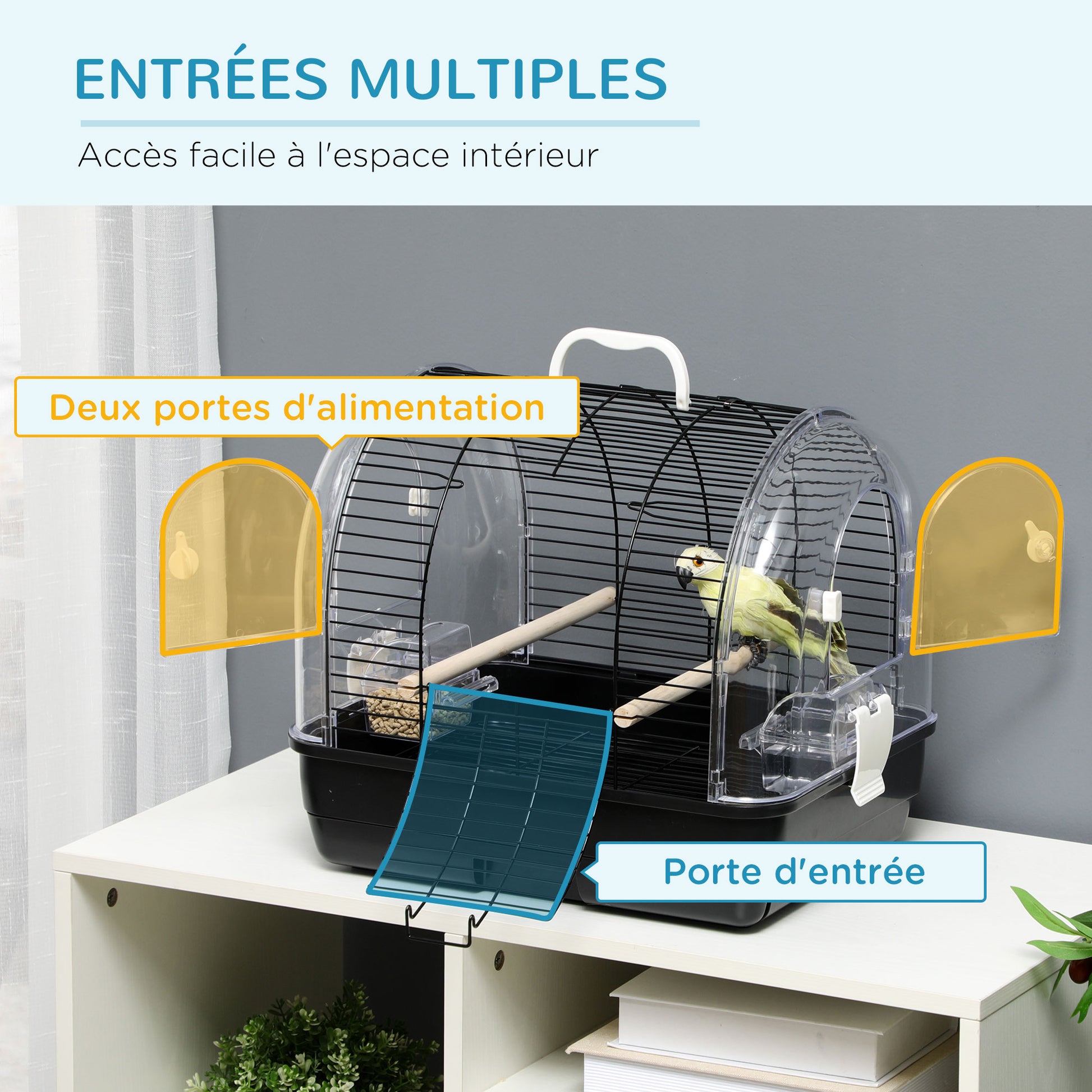 Steel Wire Bird Cage with Perches, Removable Tray, and Handle, 42 x 32 x 37 cm, Black