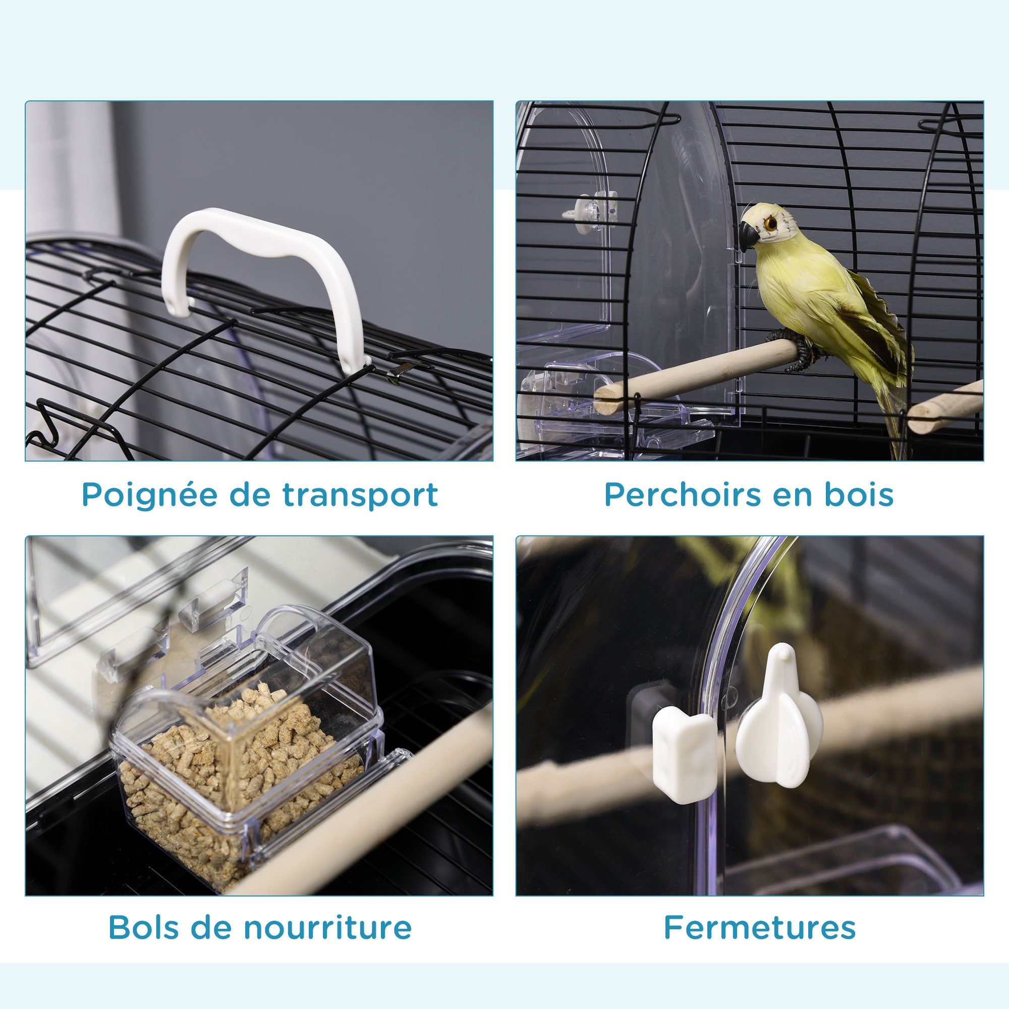 Steel Wire Bird Cage with Perches, Removable Tray, and Handle, 42 x 32 x 37 cm, Black
