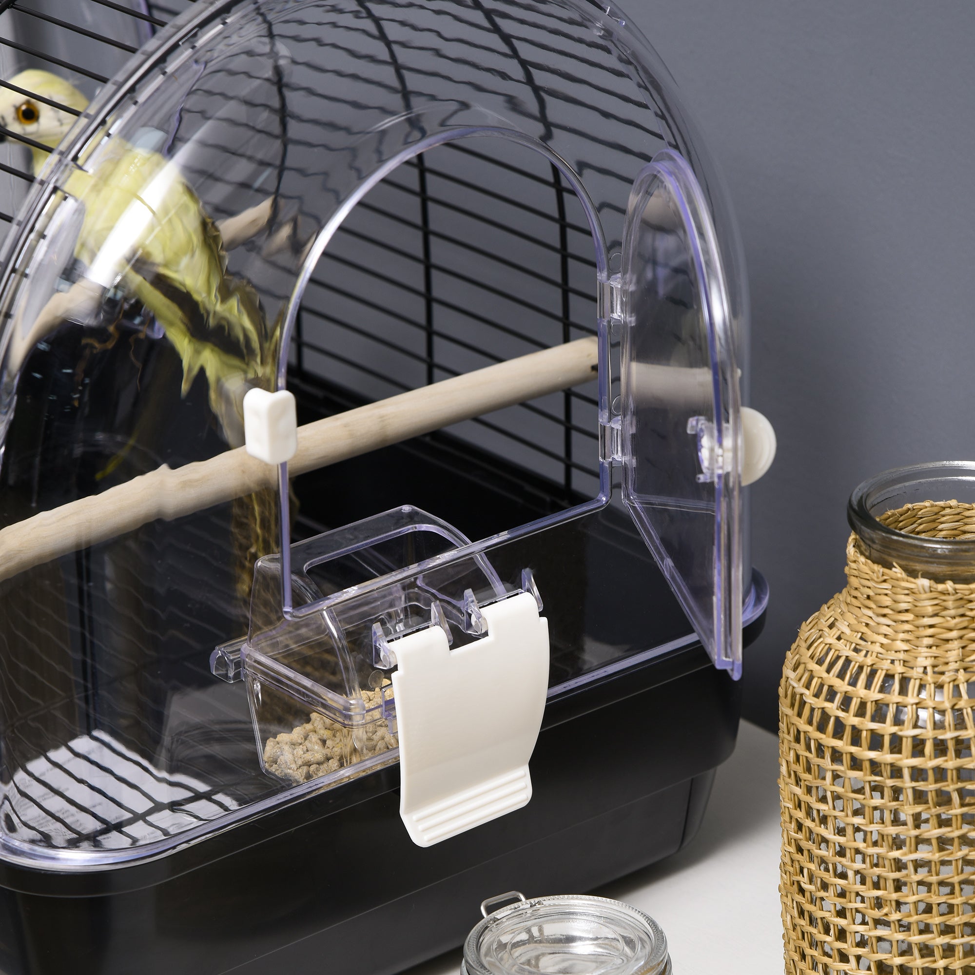 Steel Wire Bird Cage with Perches, Removable Tray, and Handle, 42 x 32 x 37 cm, Black