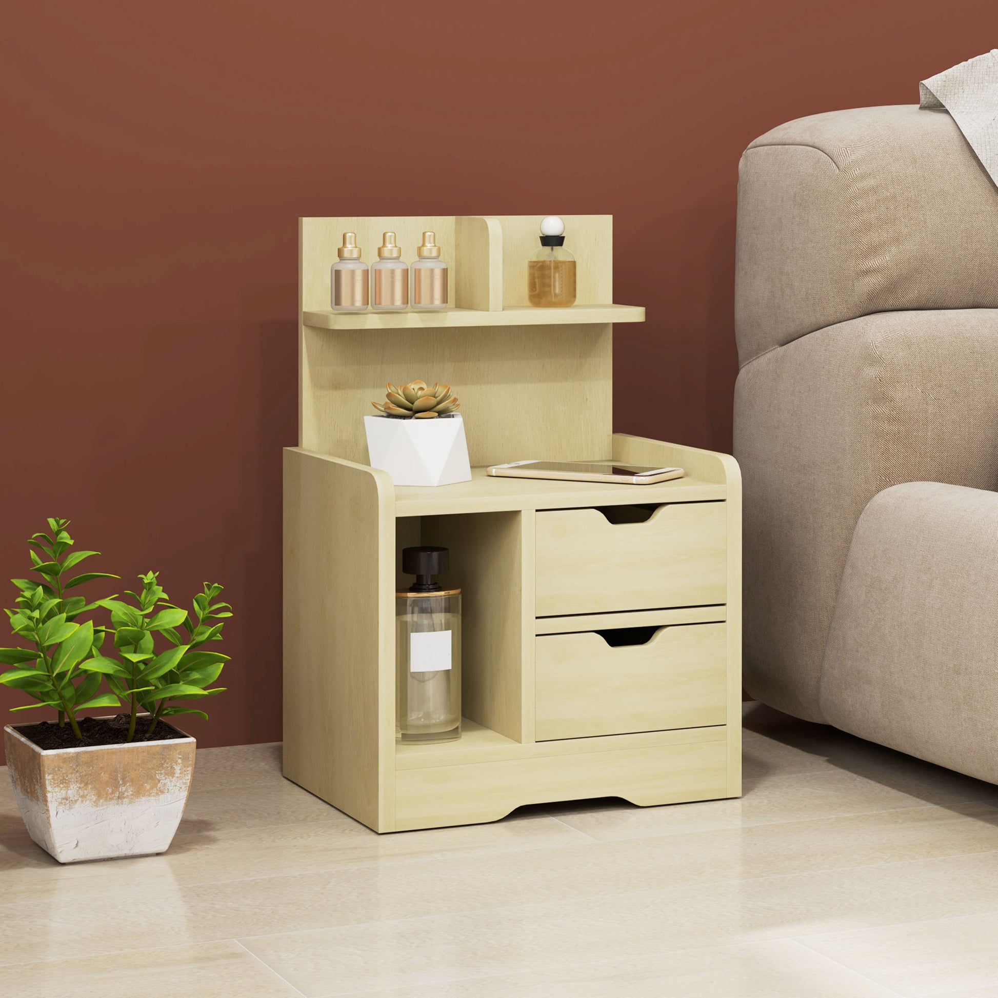 Nightstand, Side Table with 2 Drawers, Open Compartment, Bedside Table, Bedside Cabinet for Bedroom, Living Room, Natural Wood, 40 x 30 x 60 cm