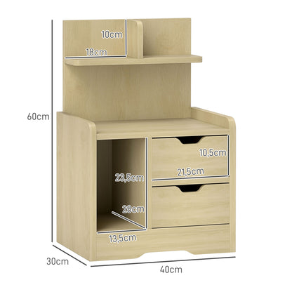 Nightstand, Side Table with 2 Drawers, Open Compartment, Bedside Table, Bedside Cabinet for Bedroom, Living Room, Natural Wood, 40 x 30 x 60 cm
